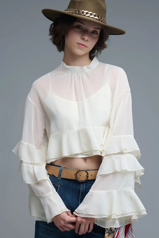 Sheer Cape-style Beige Blouse in chiffon With Ruffles - Shirts
