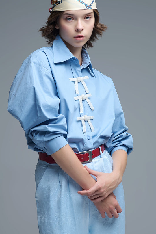 Blue Oversized Poplin Shirt With White Beaded Bow Buttons
