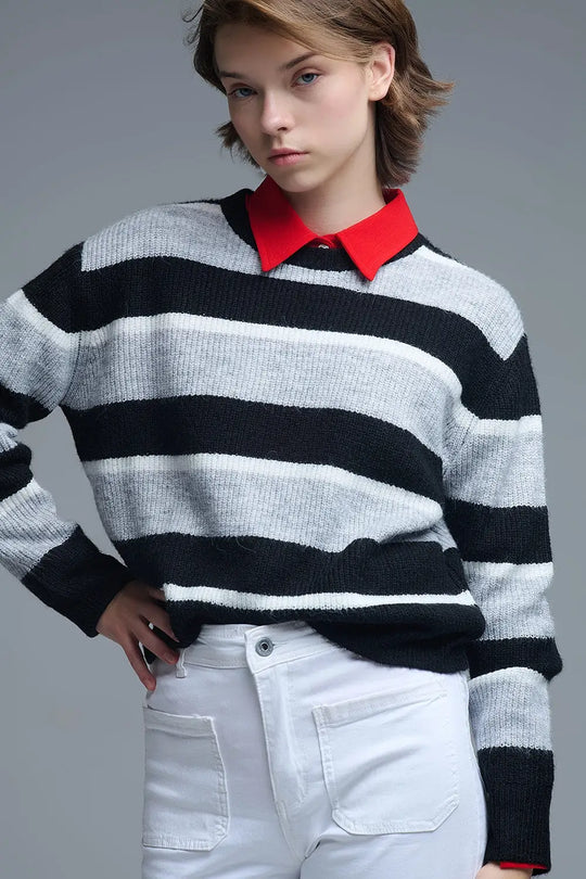 Black jersey with white and grey stripes - Sweaters