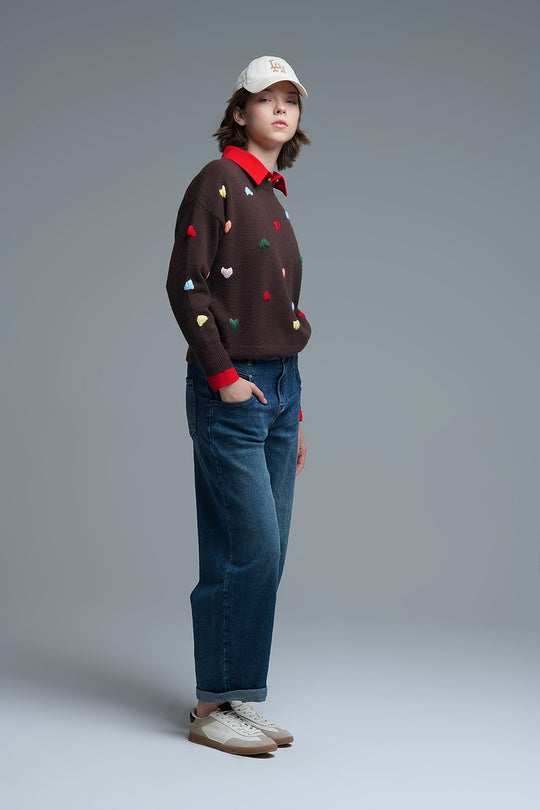 Brown Crew neck Sweater With Multicolor Embroidered Hearts