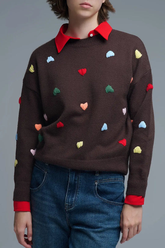 Brown Crew neck Sweater With Multicolor Embroidered Hearts - BROWN / ONE - Sweaters