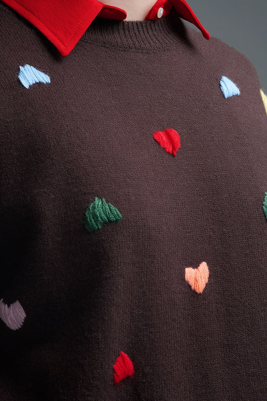 Brown Crew neck Sweater With Multicolor Embroidered Hearts