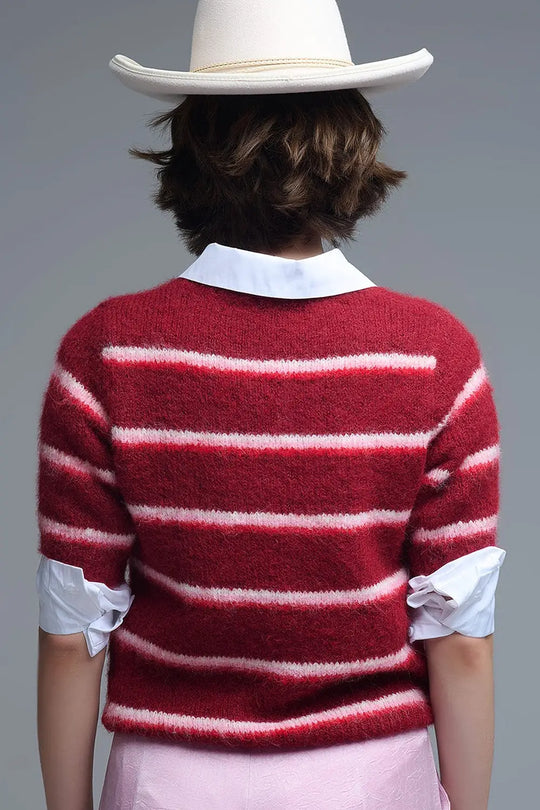 Short Sleeve Embroidered Love Sweater in Burgundy - RED / ONE - Sweaters