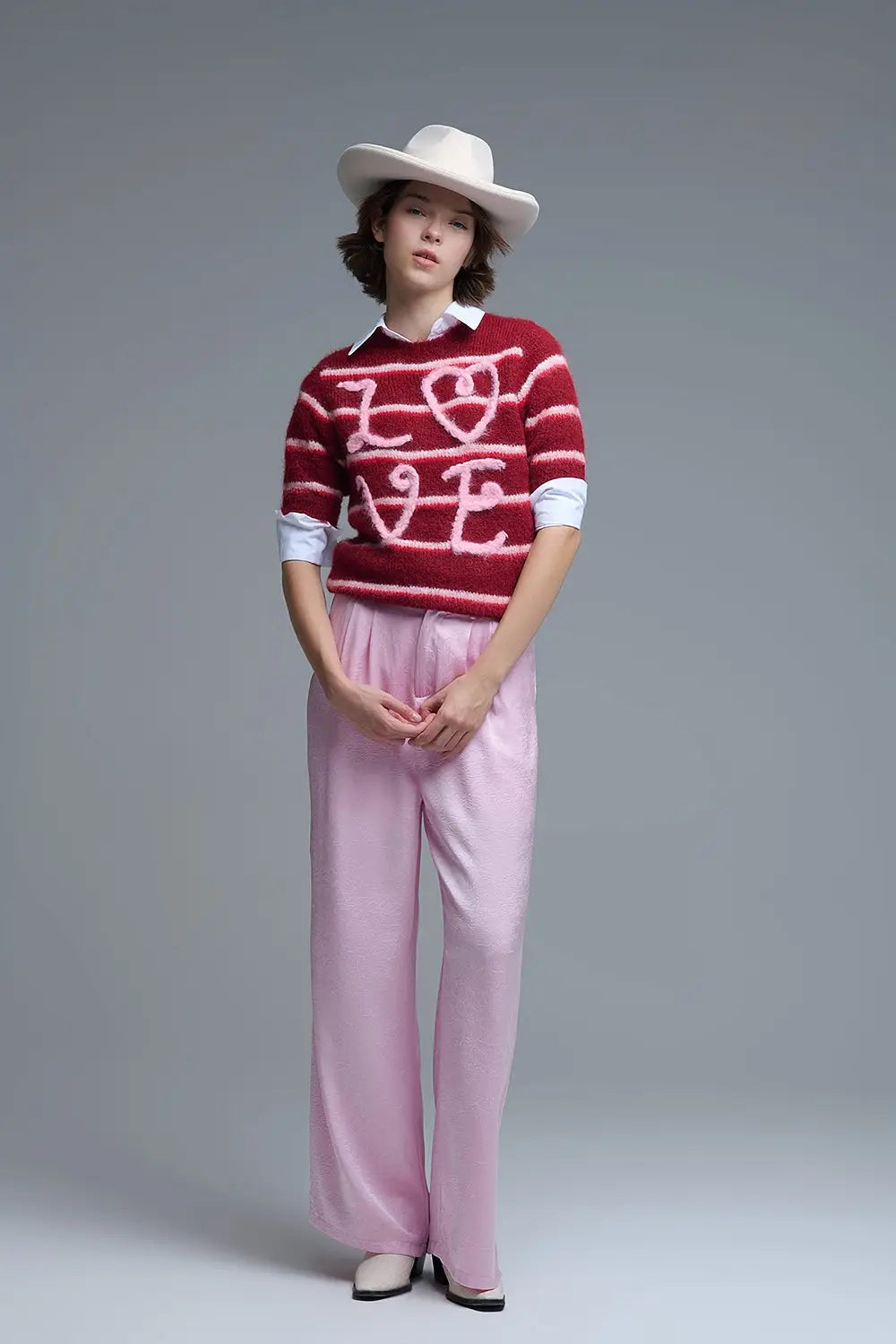 Short Sleeve Embroidered Love Sweater in Burgundy - RED / ONE - Sweaters