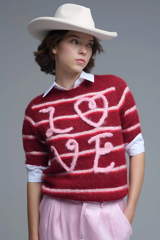 Short Sleeve Embroidered Love Sweater in Burgundy - RED / ONE - Sweaters