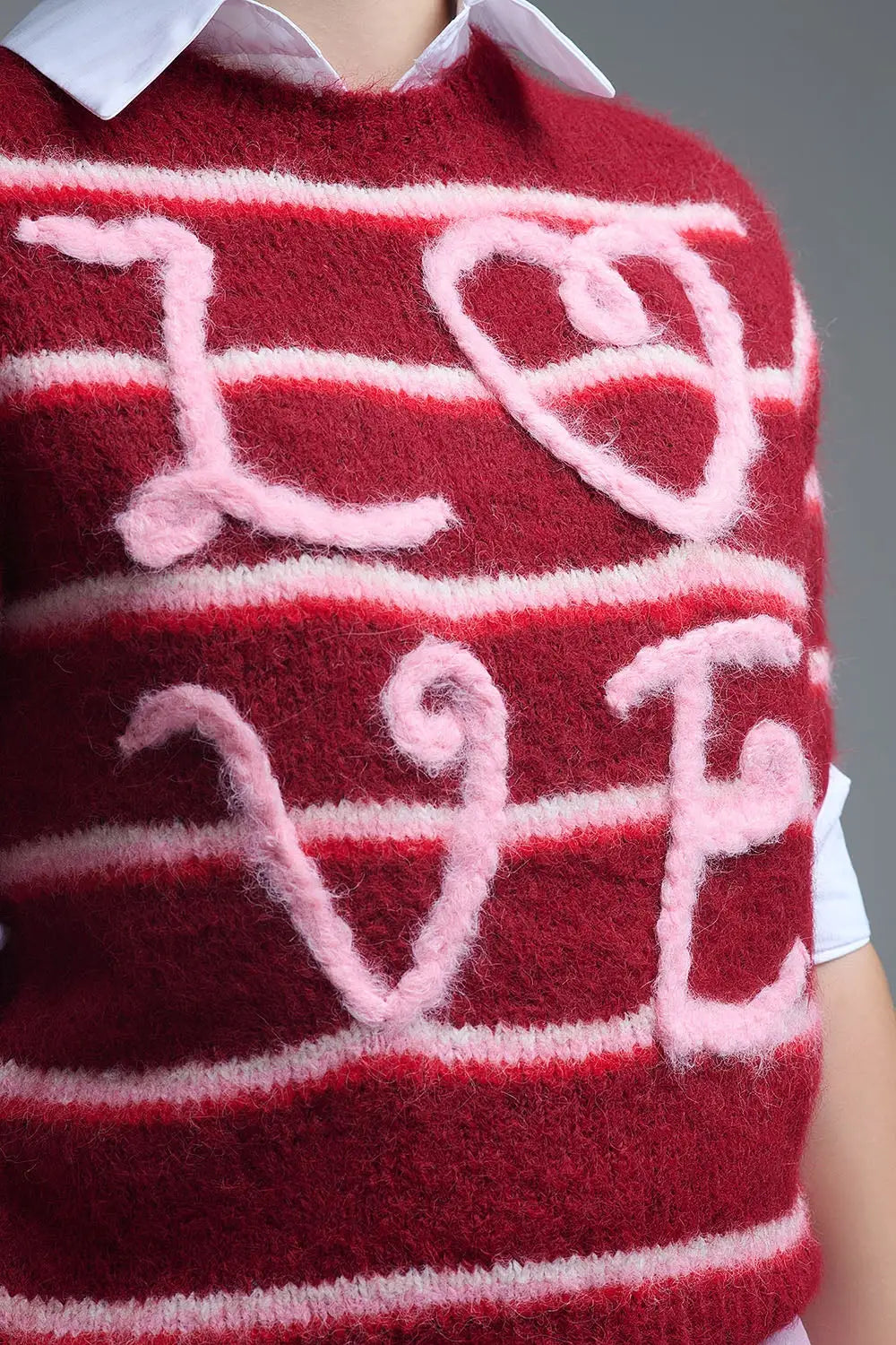Short Sleeve Embroidered Love Sweater in Burgundy - RED / ONE - Sweaters