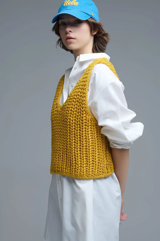 Crochet Cropped Vest in Yellow With sequins Thread - YELLOW / ONE - Sweaters