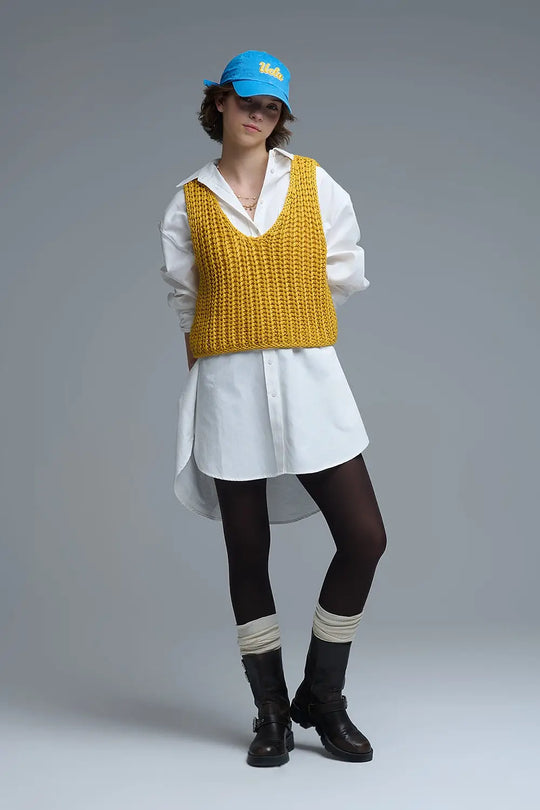 Crochet Cropped Vest in Yellow With sequins Thread - YELLOW / ONE - Sweaters