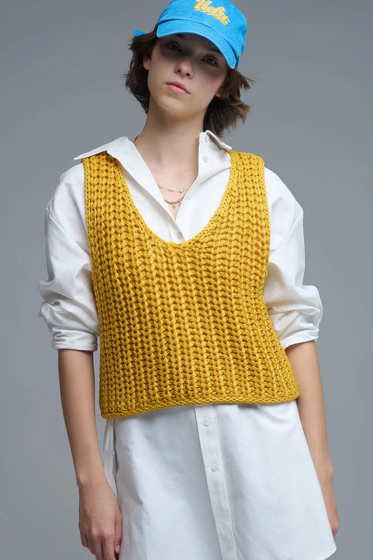Crochet Cropped Vest in Yellow With sequins Thread - YELLOW / ONE - Sweaters