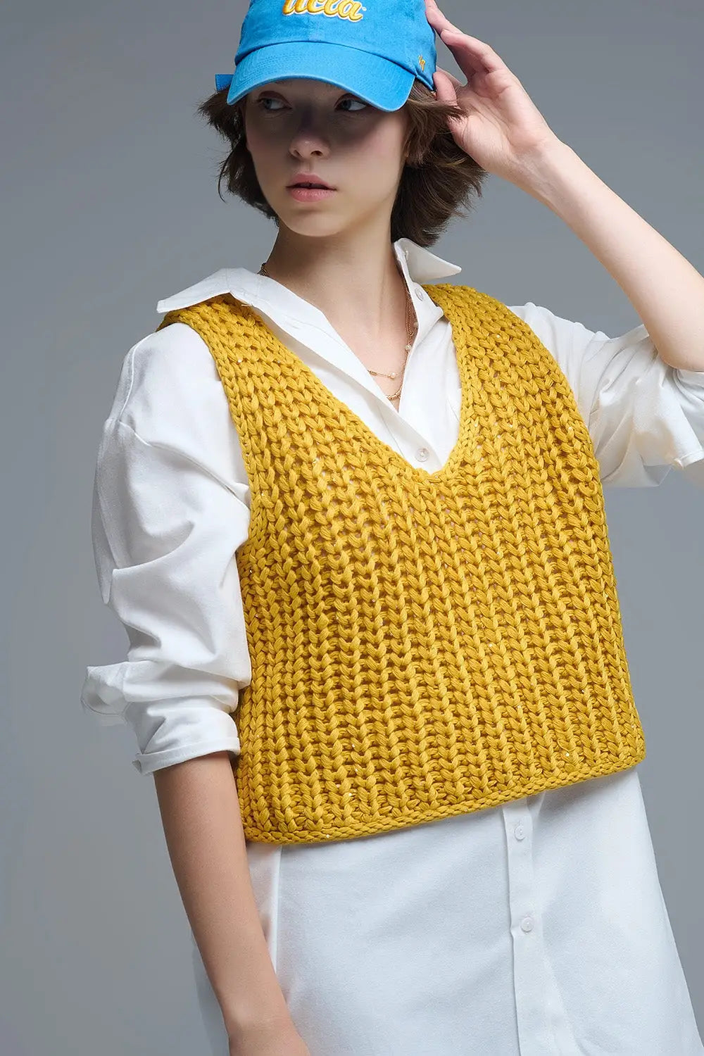 Crochet Cropped Vest in Yellow With sequins Thread - YELLOW / ONE - Sweaters