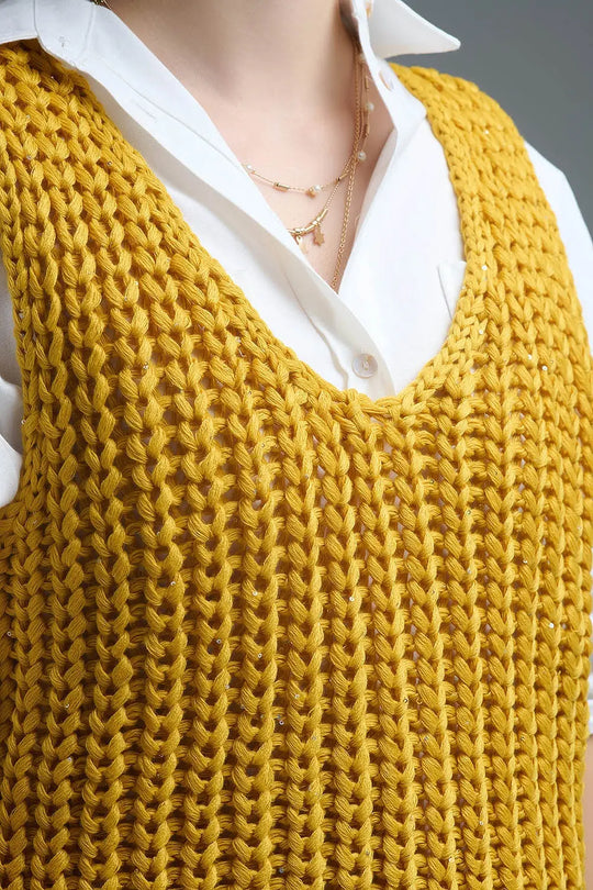 Crochet Cropped Vest in Yellow With sequins Thread - YELLOW / ONE - Sweaters