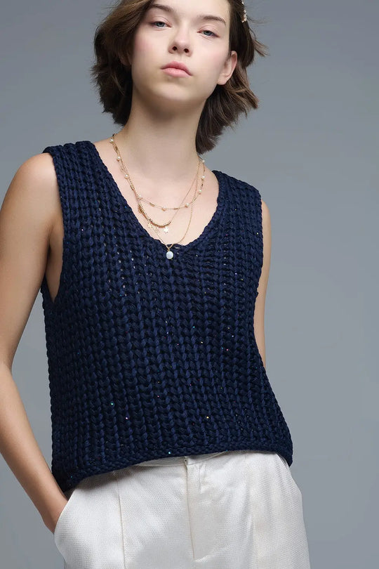 Crochet Cropped Vest in Navy With sequins Thread - NAVY / ONE - Sweaters