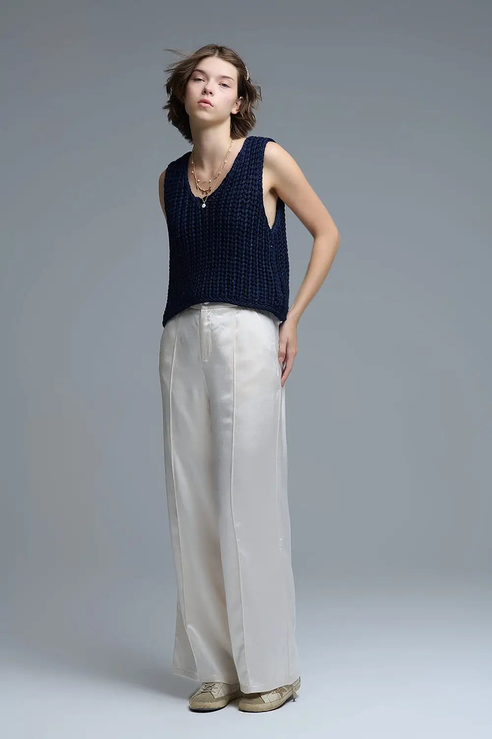 Crochet Cropped Vest in Navy With sequins Thread - NAVY / ONE - Sweaters