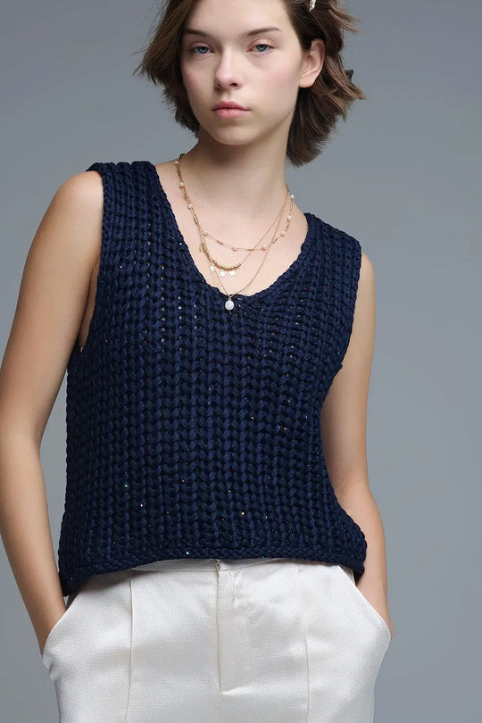 Crochet Cropped Vest in Navy With sequins Thread - NAVY / ONE - Sweaters