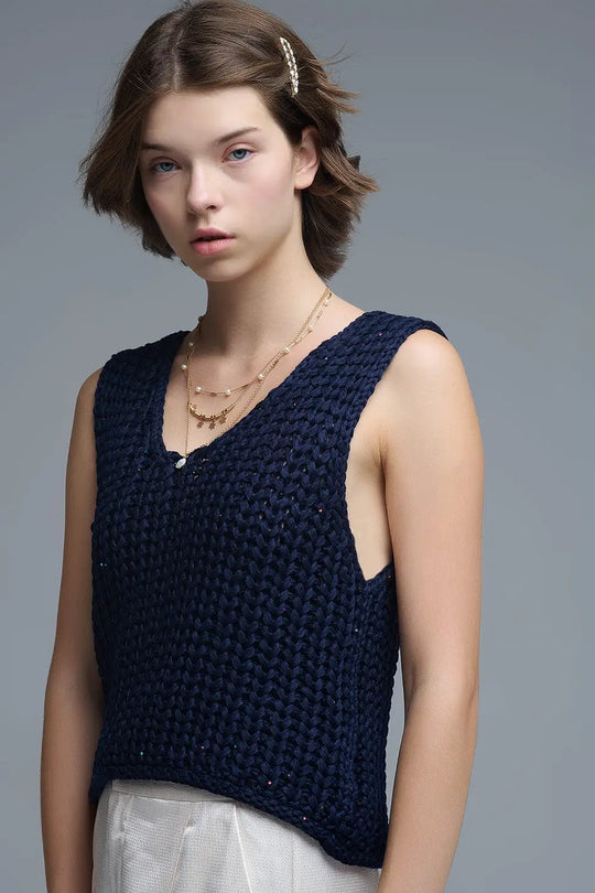 Crochet Cropped Vest in Navy With sequins Thread - NAVY / ONE - Sweaters
