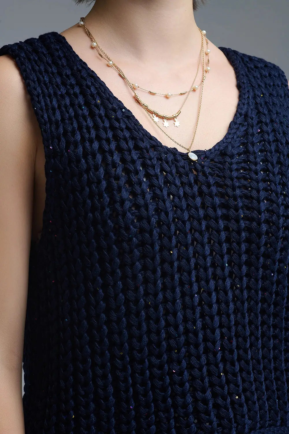 Crochet Cropped Vest in Navy With sequins Thread - NAVY / ONE - Sweaters