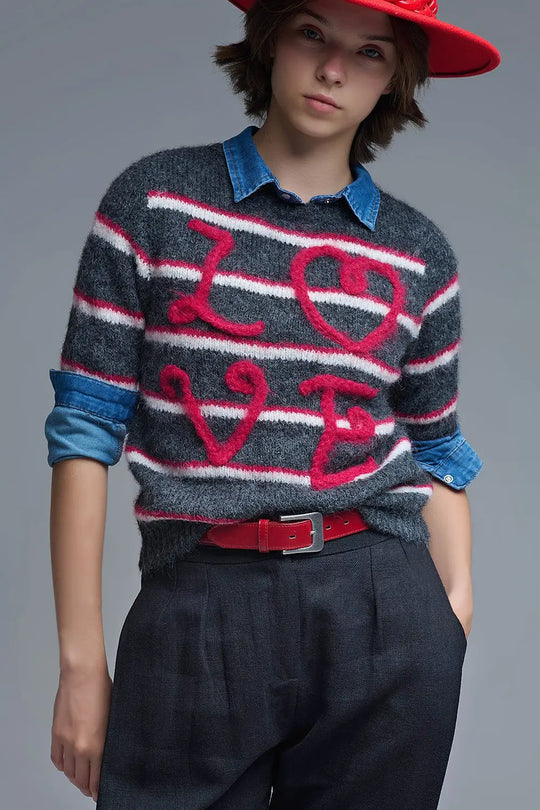Short Sleeve Embroidered Love Sweater in Dark Grey - GRAY / ONE - Sweaters