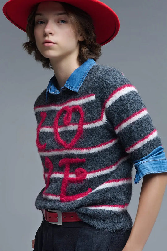 Short Sleeve Embroidered Love Sweater in Dark Grey - GRAY / ONE - Sweaters