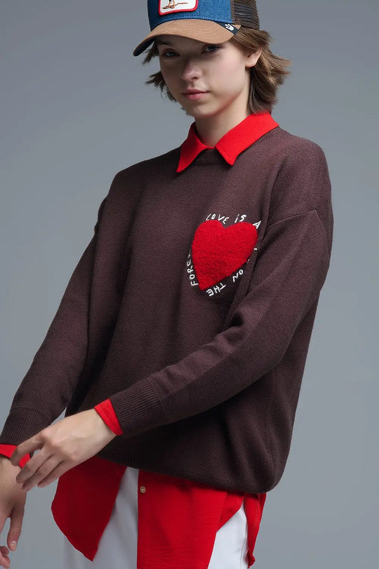 Embroidered Heart knitted Sweatshirt With Text in Brown - BROWN / ONE - Sweaters