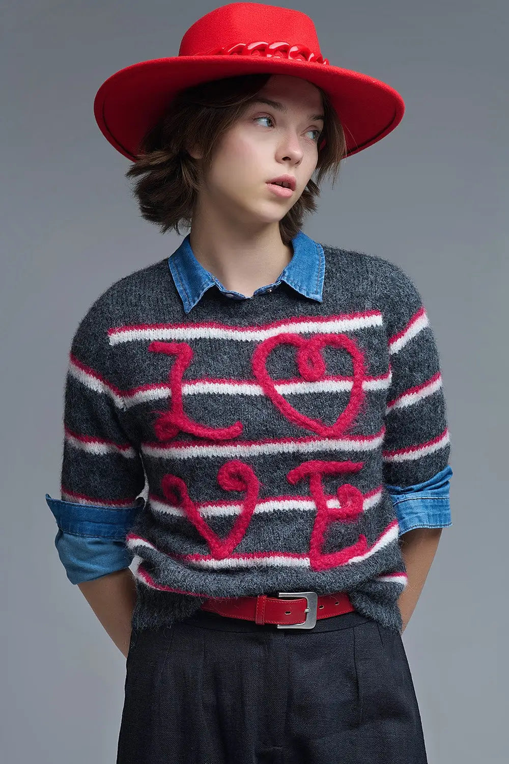 Short Sleeve Embroidered Love Sweater in Dark Grey - GRAY / ONE - Sweaters