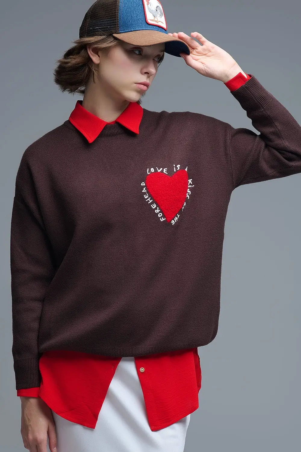 Embroidered Heart knitted Sweatshirt With Text in Brown - BROWN / ONE - Sweaters
