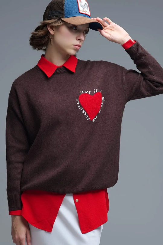 Embroidered Heart knitted Sweatshirt With Text in Brown - BROWN / ONE - Sweaters