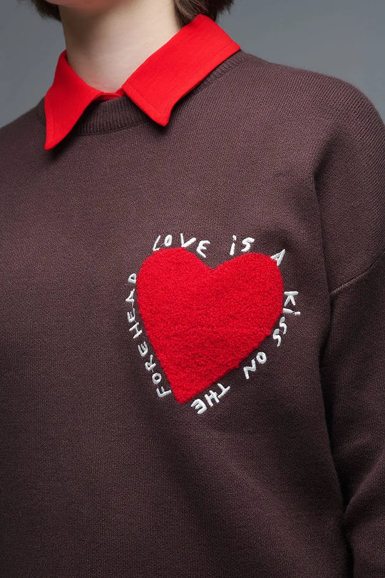 Embroidered Heart knitted Sweatshirt With Text in Brown - BROWN / ONE - Sweaters
