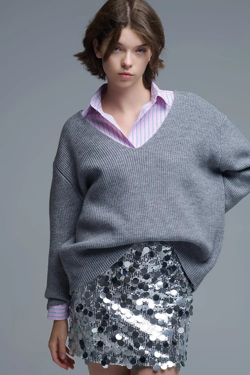 Super oversized Thin V-neck Sweater in Grey - GRAY / ONE - Sweaters