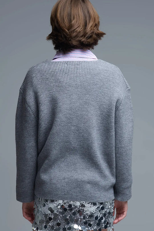 Super oversized Thin V-neck Sweater in Grey - GRAY / ONE - Sweaters