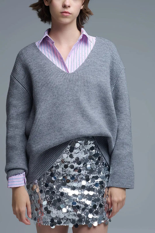 Super oversized Thin V-neck Sweater in Grey - GRAY / ONE - Sweaters