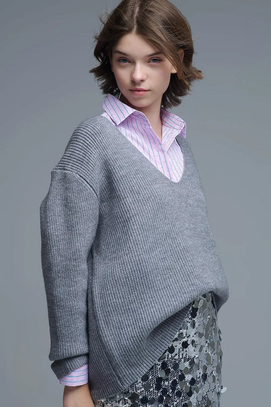 Super oversized Thin V-neck Sweater in Grey - GRAY / ONE - Sweaters