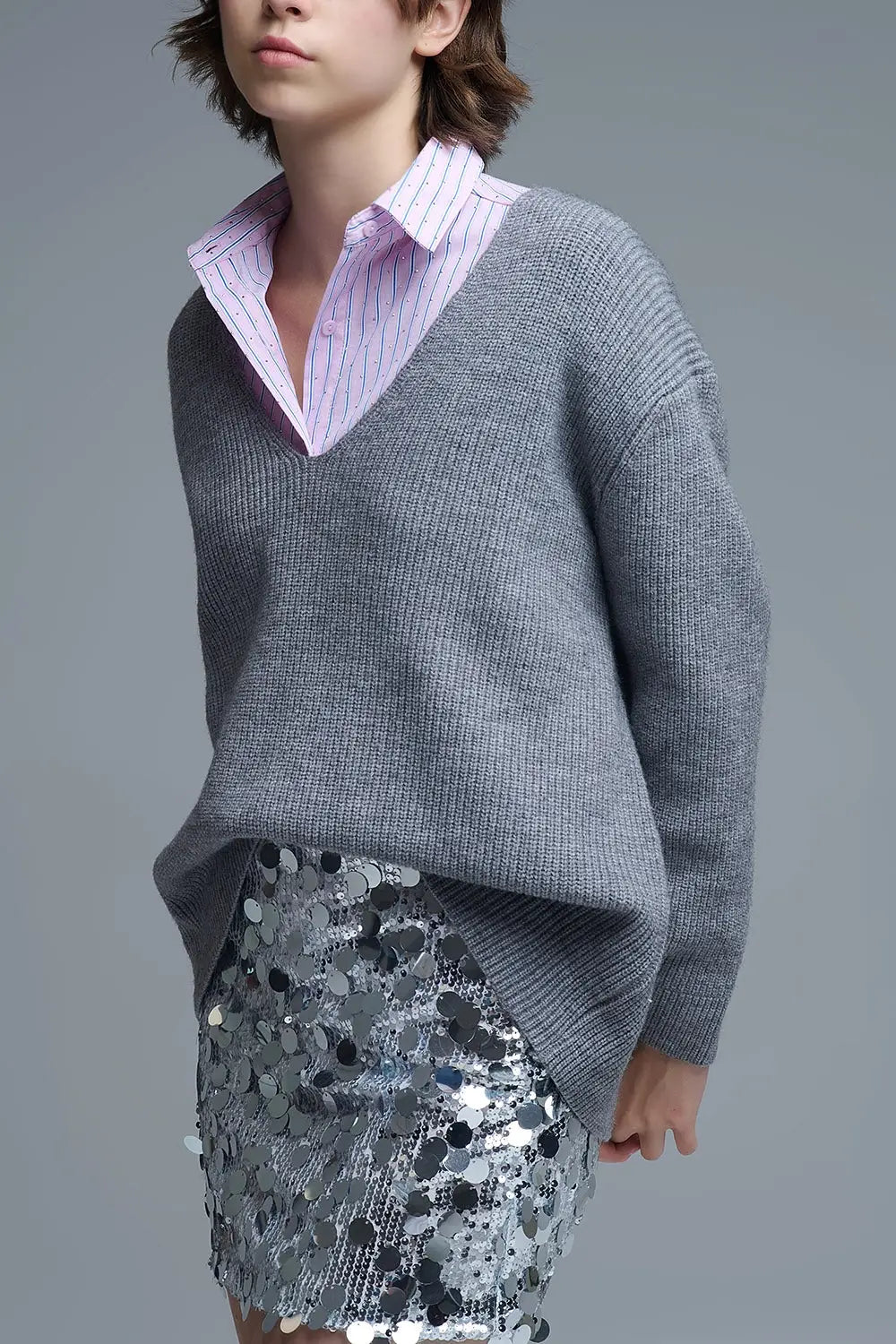 Super oversized Thin V-neck Sweater in Grey - GRAY / ONE - Sweaters