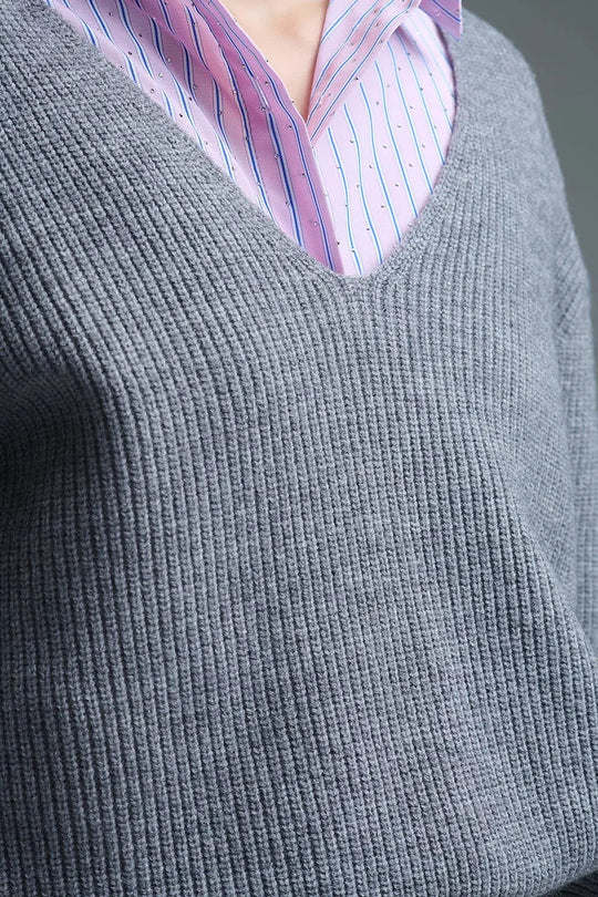 Super oversized Thin V-neck Sweater in Grey - GRAY / ONE - Sweaters