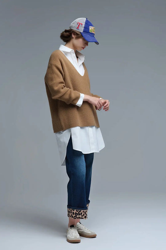 Super oversized Thin V-neck Sweater in Camel - CAMEL / ONE - Sweaters