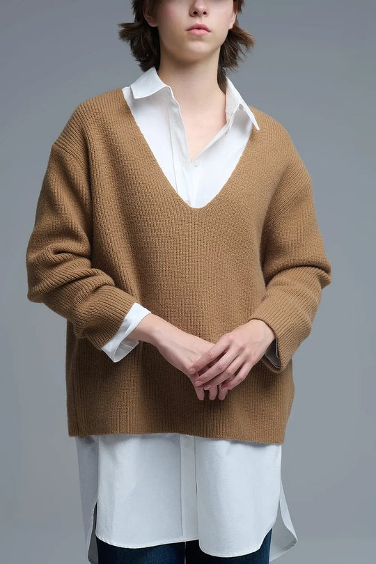 Super oversized Thin V-neck Sweater in Camel - CAMEL / ONE - Sweaters