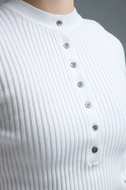henley Long Sleeve Ribbed Sweater in White - Sweaters