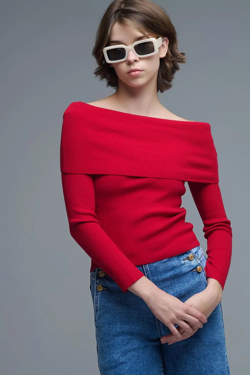Chic Off-Shoulder Red Knit Top - Sweaters