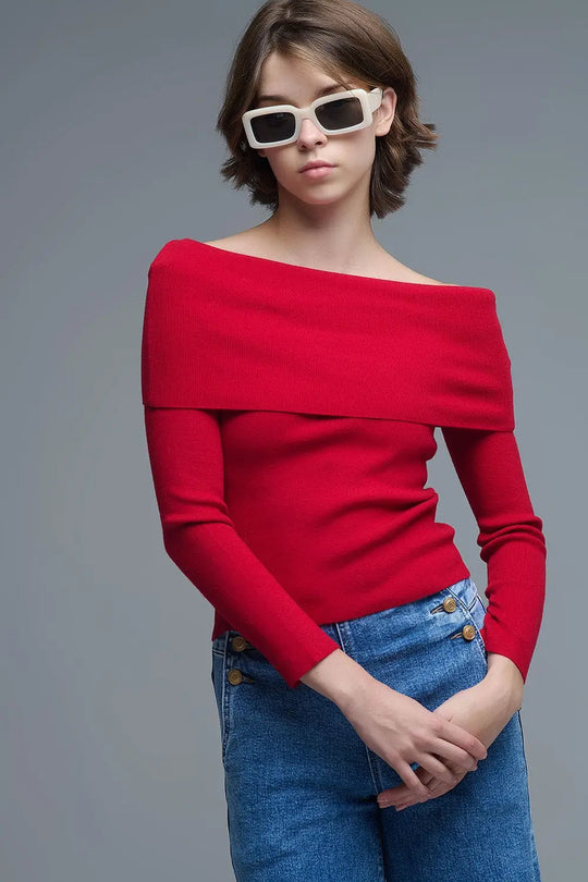 Chic Off-Shoulder Red Knit Top - Sweaters