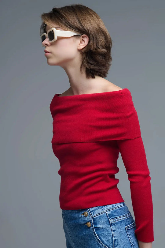 Chic Off-Shoulder Red Knit Top - Sweaters