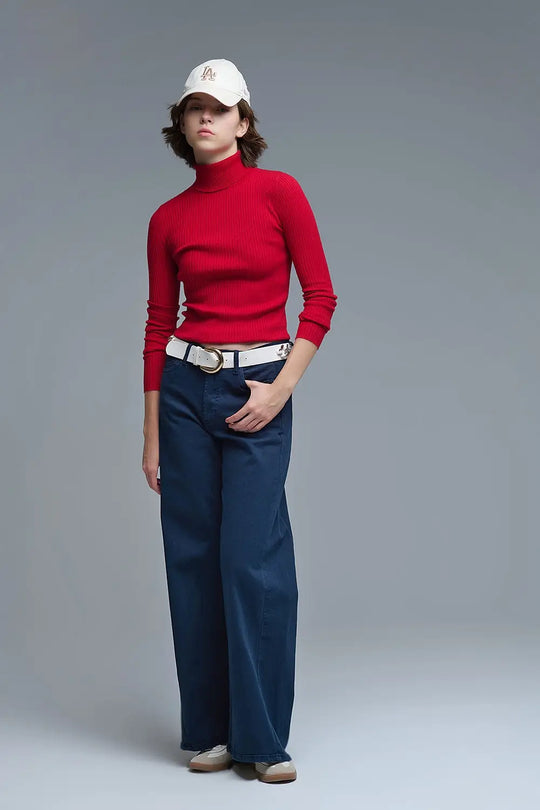 Rolled Turtle Neck Ribbed Sweater in Ruby Red - Sweaters