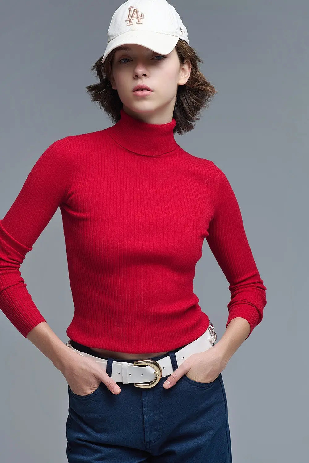 Rolled Turtle Neck Ribbed Sweater in Ruby Red - Sweaters