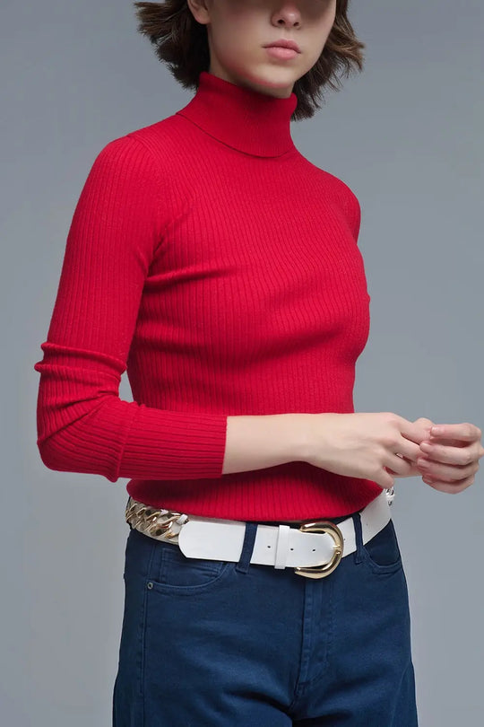 Rolled Turtle Neck Ribbed Sweater in Ruby Red - Sweaters