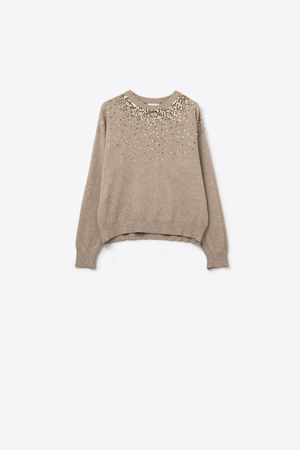 Beige soft knit sweater embellished with sequins on the front - BEIGE / ONE - Sweaters