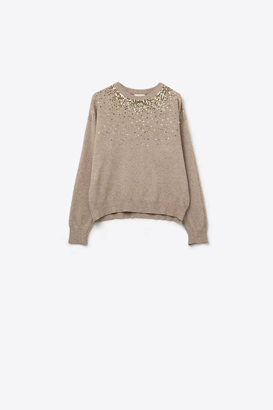 Beige soft knit sweater embellished with sequins on the front - BEIGE / ONE - Sweaters