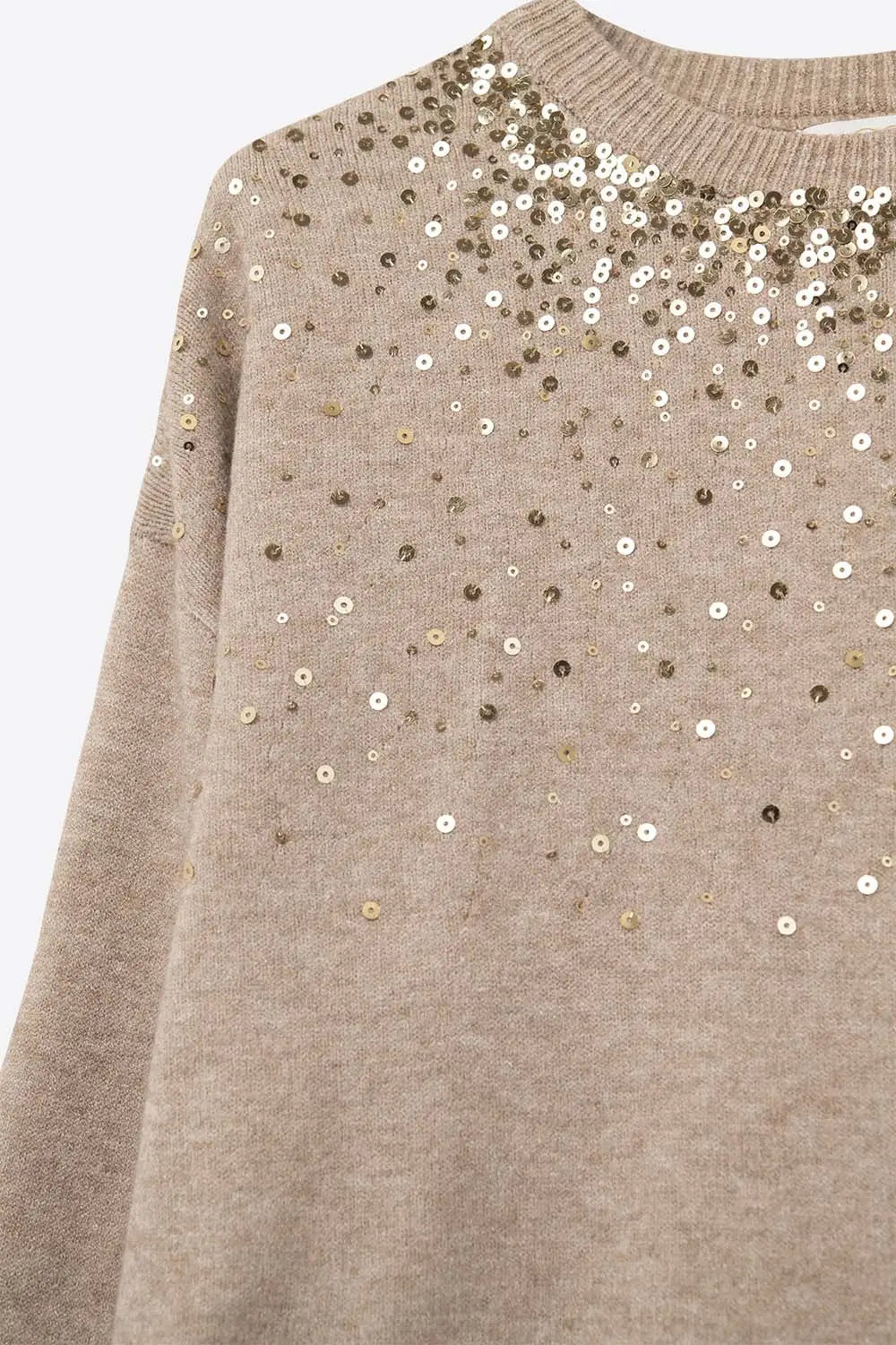 Beige soft knit sweater embellished with sequins on the front - BEIGE / ONE - Sweaters