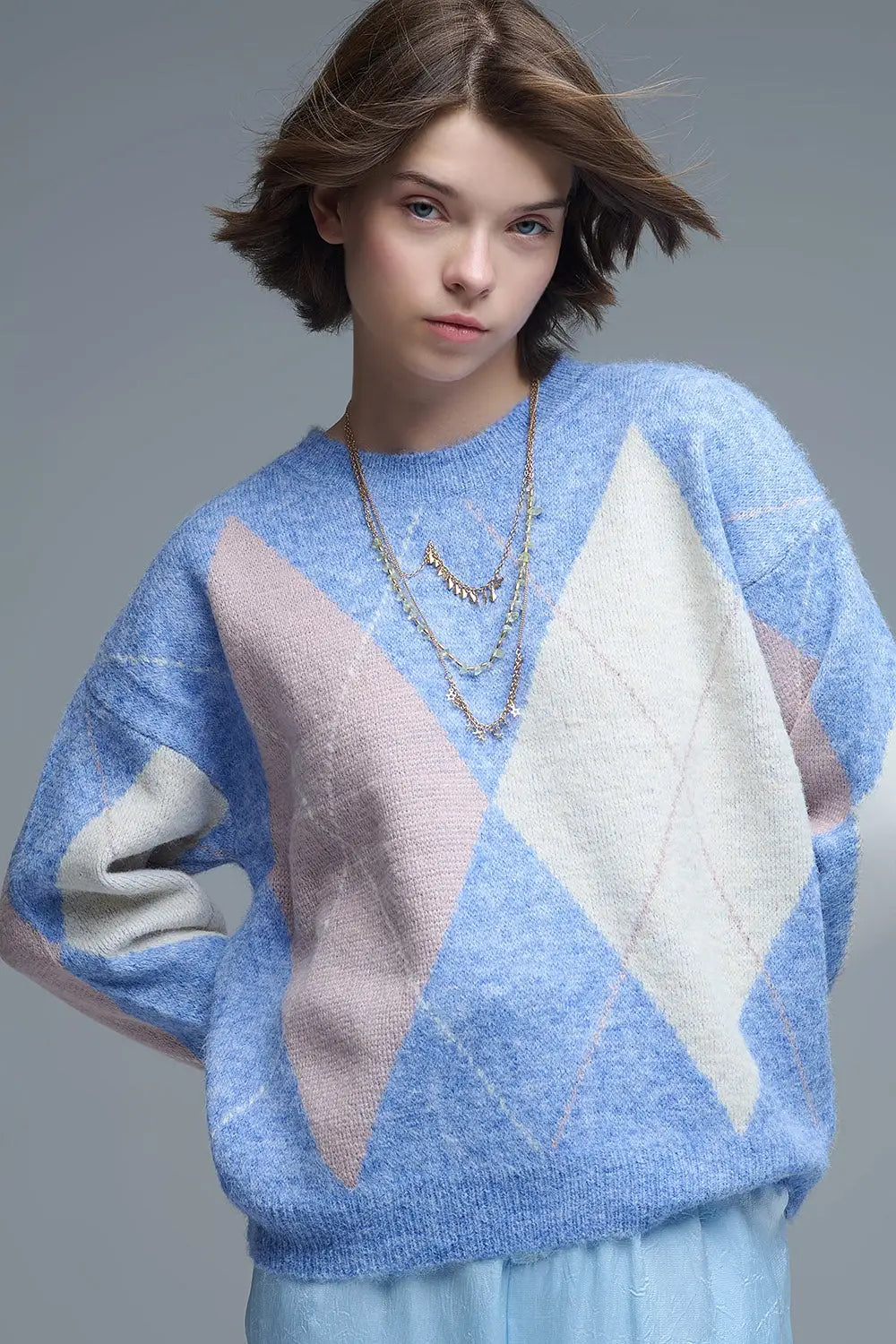 loose sweater in sky blue with diamond patterns - BLUE / ONE - Sweaters