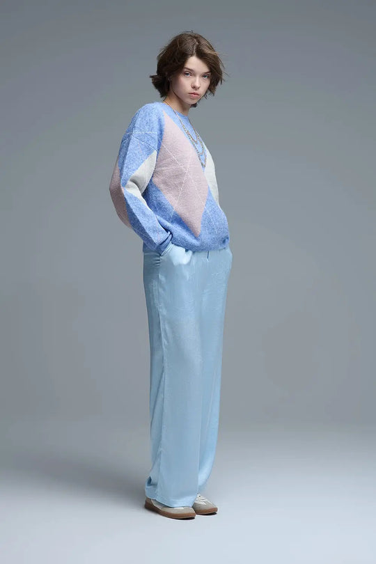 loose sweater in sky blue with diamond patterns - BLUE / ONE - Sweaters