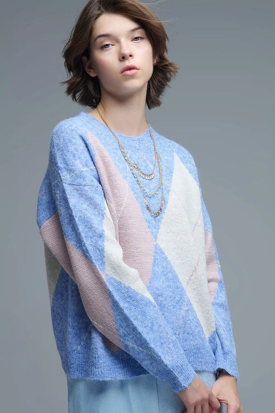 loose sweater in sky blue with diamond patterns - BLUE / ONE - Sweaters