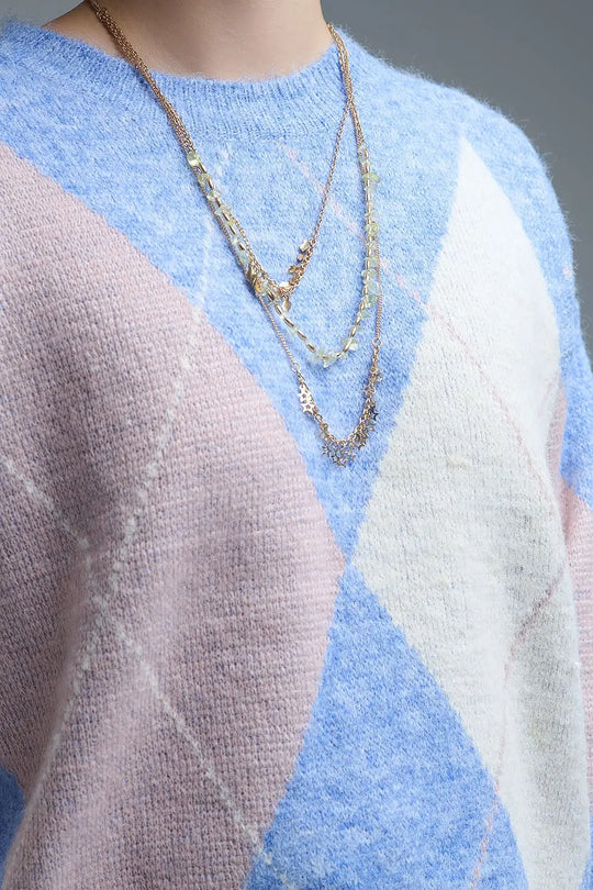 loose sweater in sky blue with diamond patterns - BLUE / ONE - Sweaters