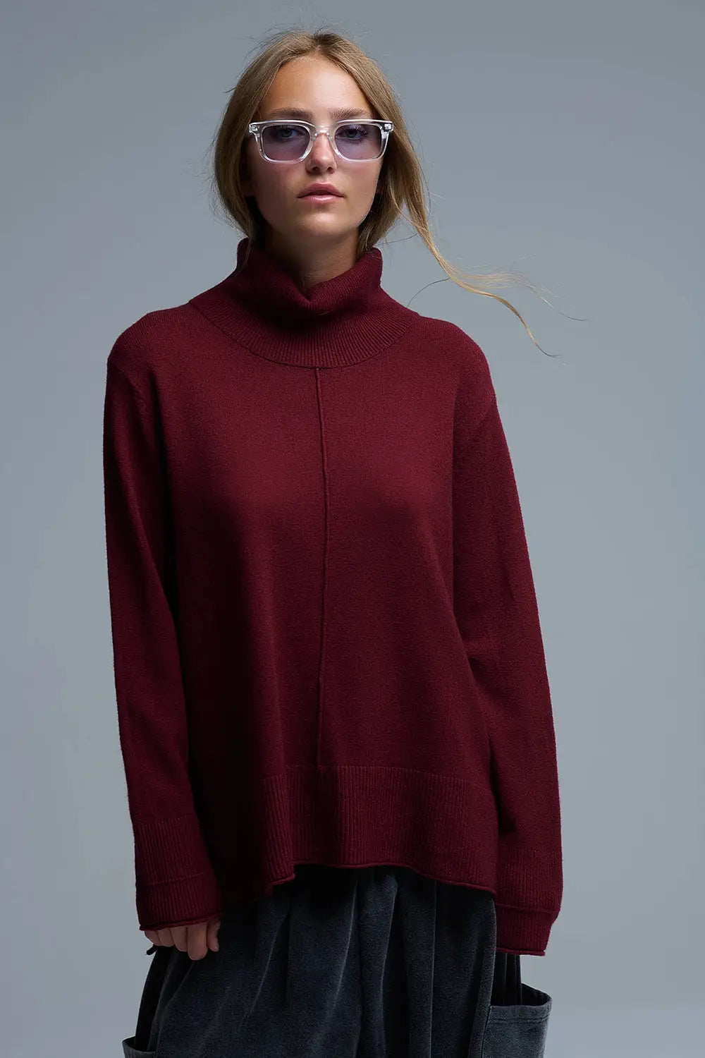 Oversized Roll Neck Sweater in Burgundy - RED / ONE - Sweaters